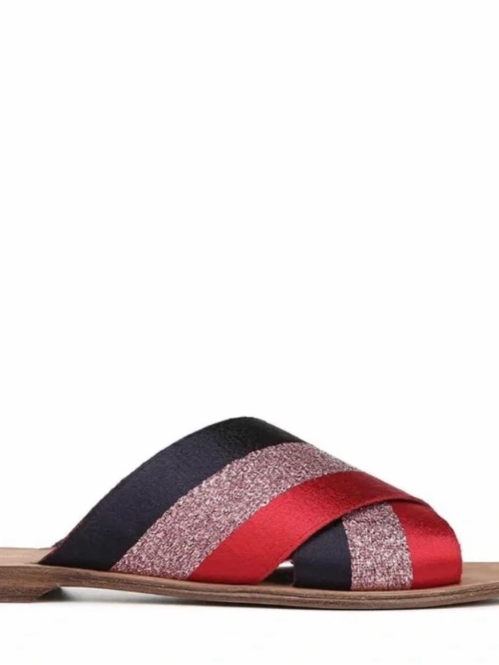 Diane Von Furstenberg Red, Black & Rose Gold Glitter Crossband Slide Sandals - Picture 3 of 5